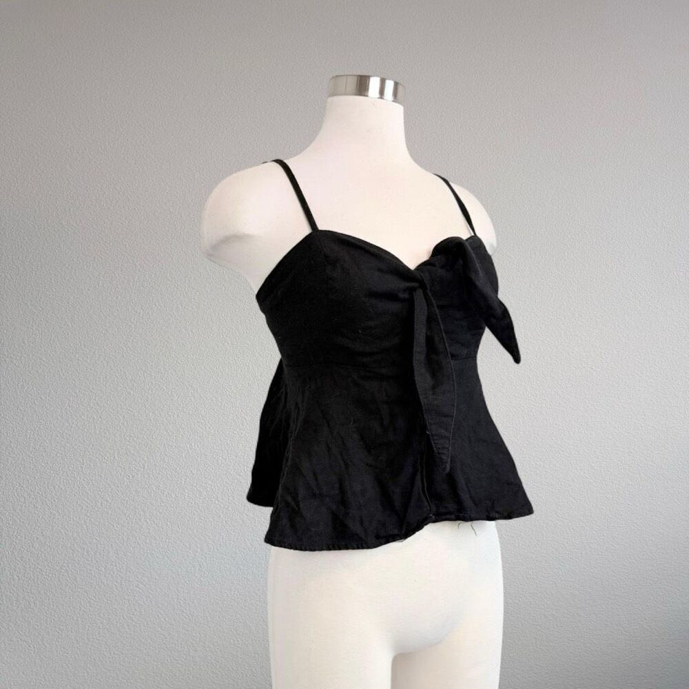 Sophia Jeans Linen Black Peasant Blouse Smocked Front Toe Bow Top Tank XS